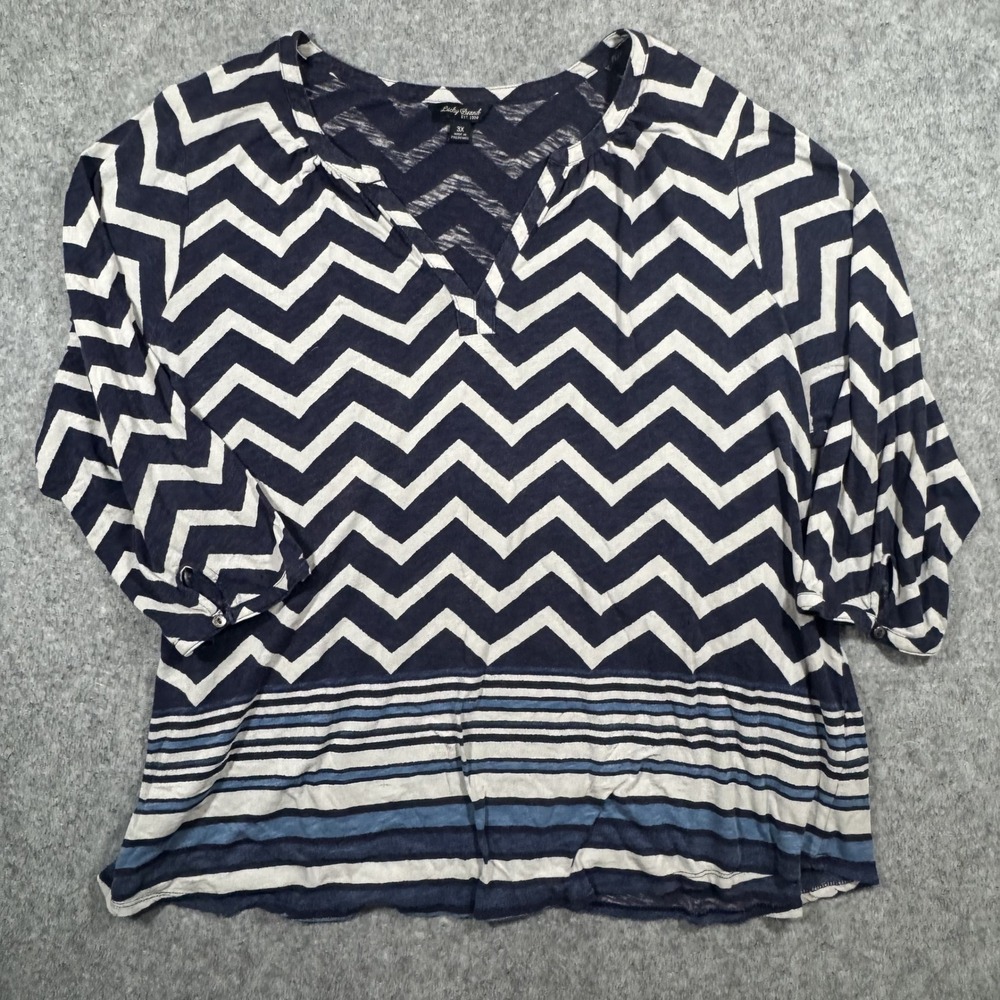 Lucky Brand Chevron Stripe Knit Top 3X Navy Blue Plus Size 3/4 Sleeve